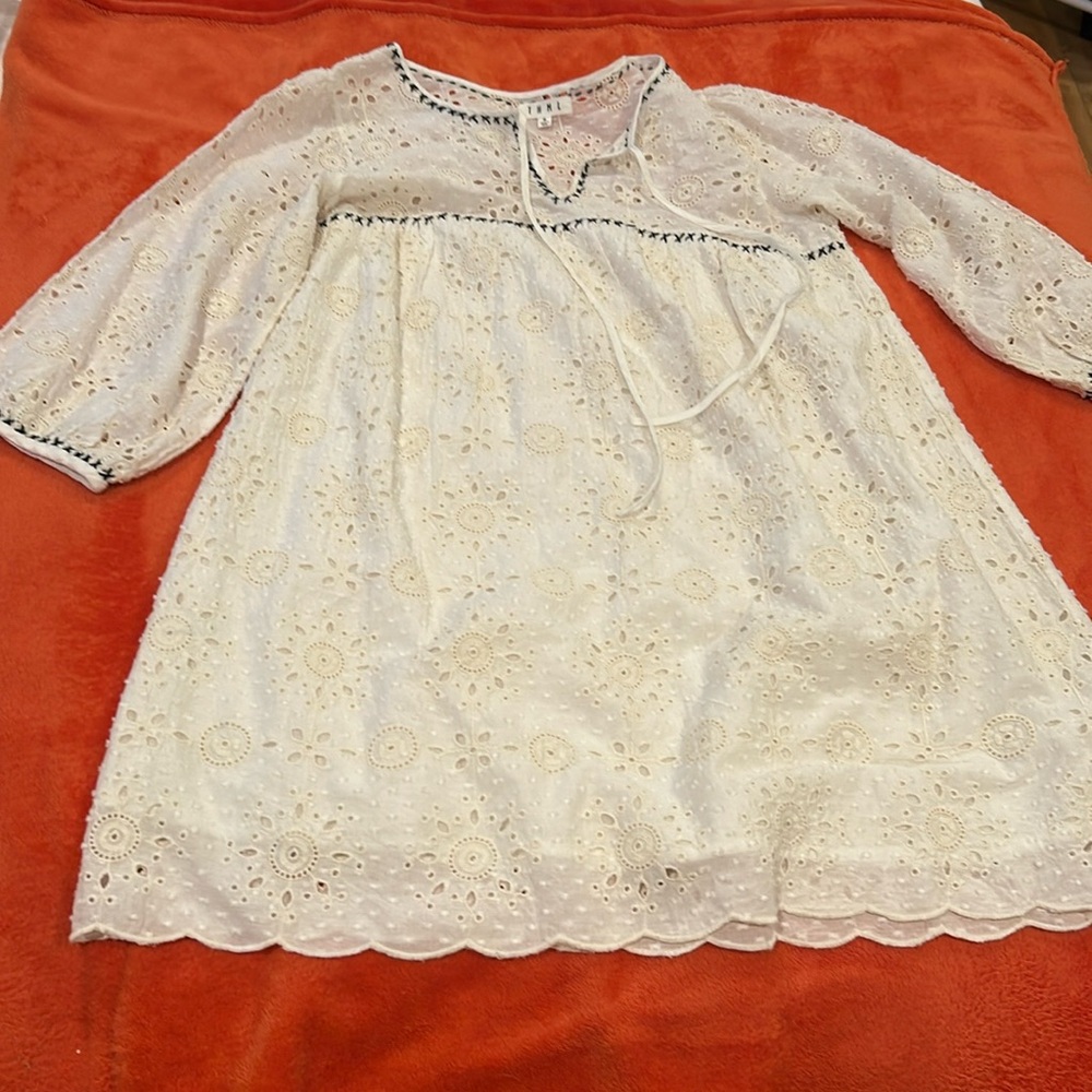 THML Womens Cream and White Eyelet Boho Babydoll Dress Size Medium